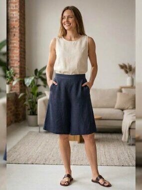 Cherishh New Made in Italy 100% Linen Navy Bermuda Shorts Pockets sz Medium
